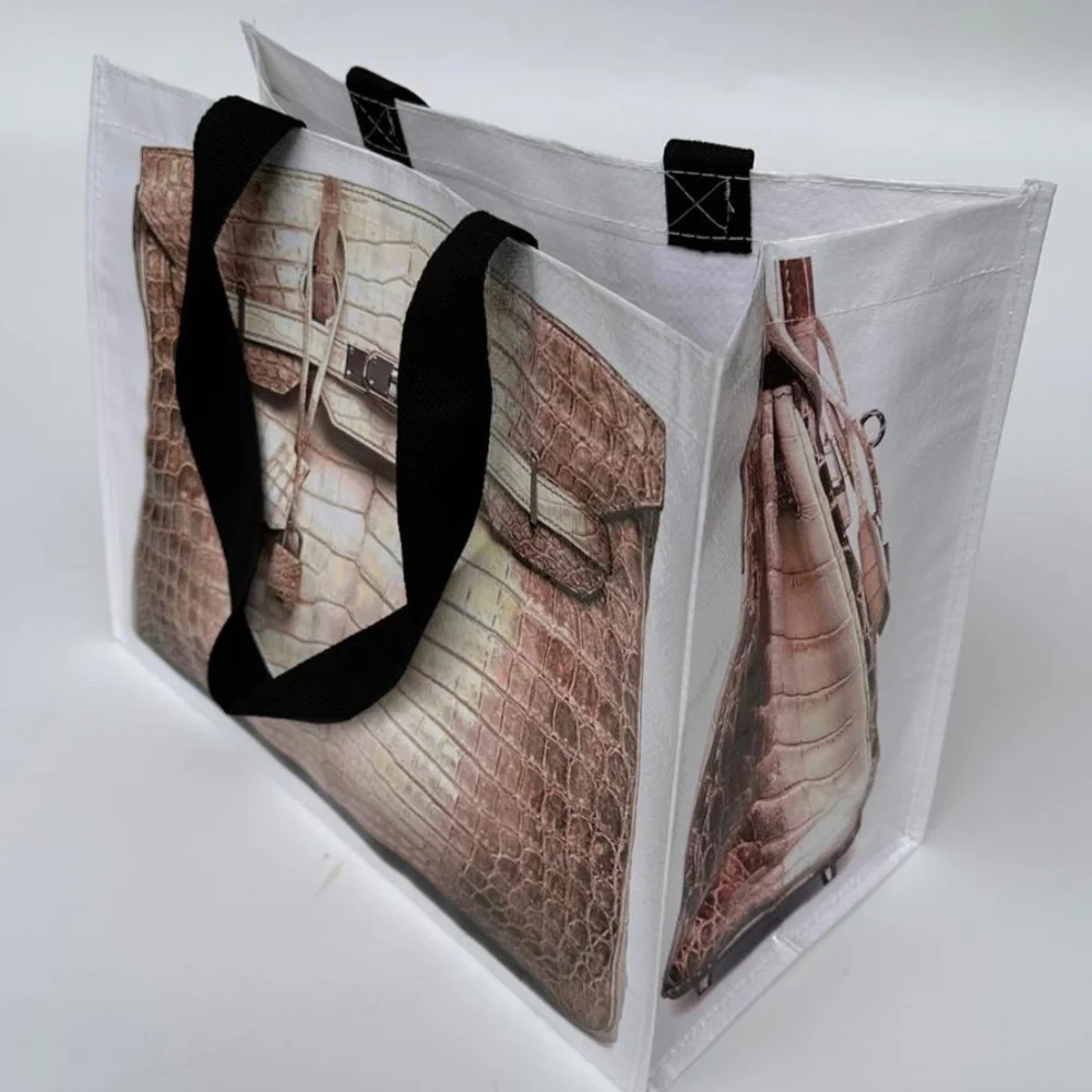 Grocery Bag made from Recycled Plastic Bottles with Novelty Bag Print in Taupe